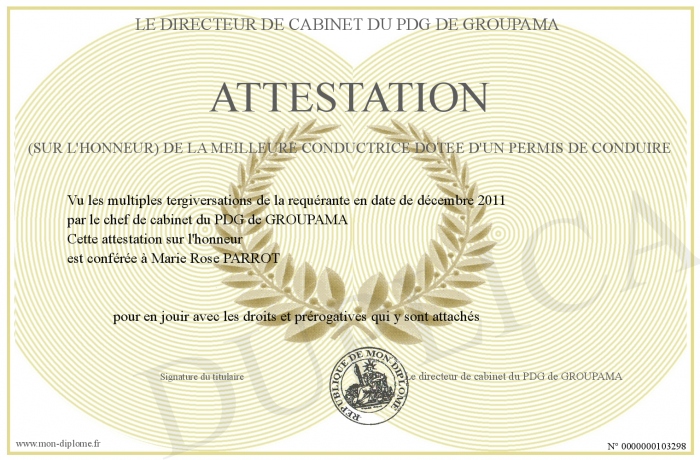 Attestation Sur L Honneur De La Meilleure Conductrice Dotee