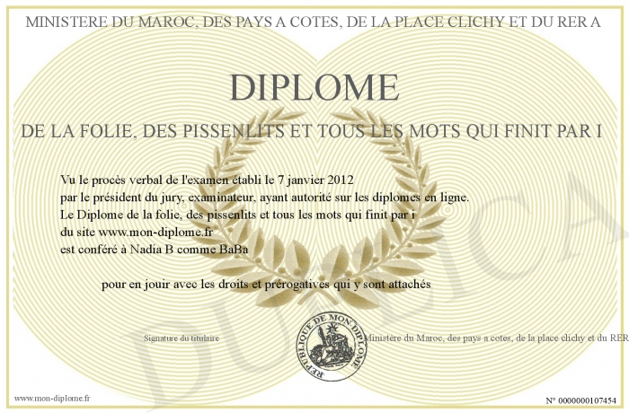 Diplome De La Folie Des Pissenlits Et Tous Les Mots Qui Finit Par I