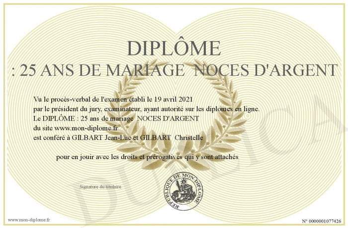 DIPLÔME-:-25-ans-de-mariage--NOCES-D-ARGENT