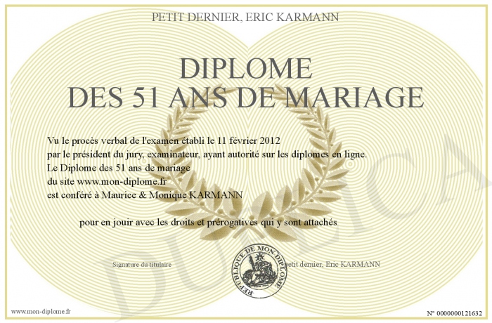 Diplome des 51 ans de mariage