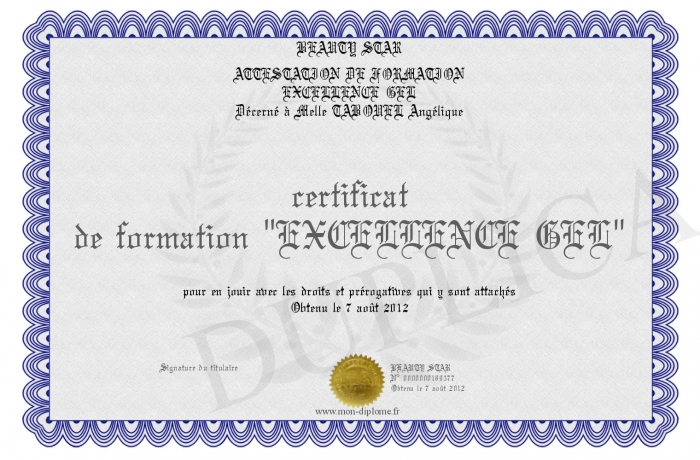 Certificat De Formation Excellence Gel