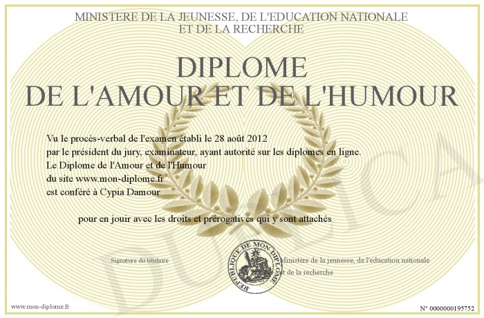 Diplôme de l'Amour et de l'Humour Diplôme de l'Amour et de l'Humour