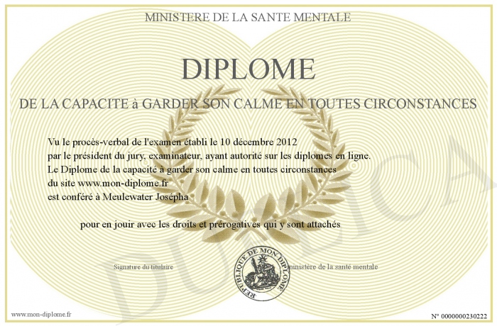 Diplome De La Capacite A Garder Son Calme En Toutes Circonstances
