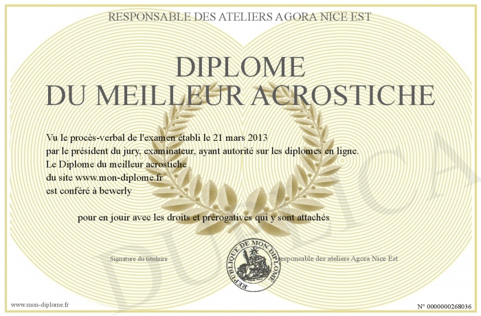 Diplome Du Meilleur Acrostiche