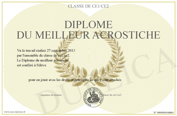 Diplome Du Meilleur Acrostiche