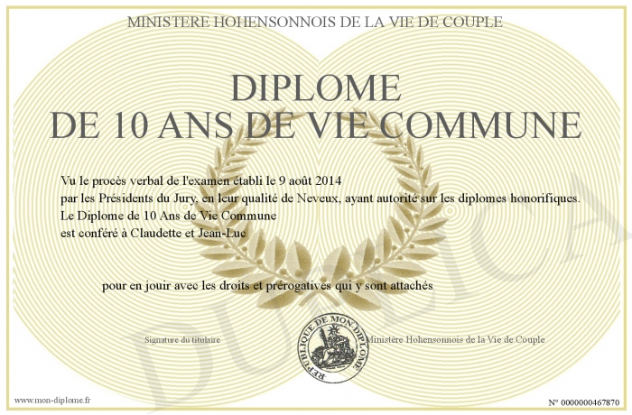 Diplome De 10 Ans De Vie Commune