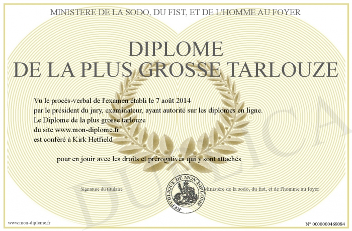 Diplome De La Plus Grosse Tarlouze