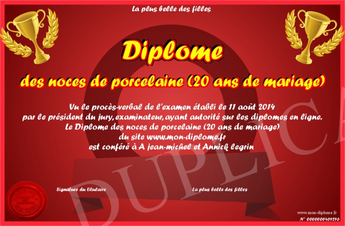 Diplome Des Noces De Porcelaine 20 Ans De Mariage