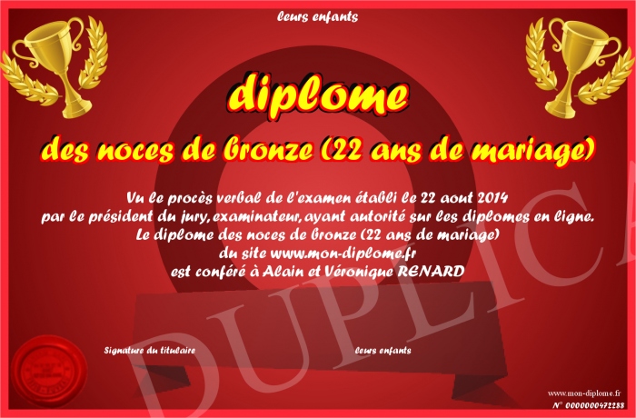 Diplome Des Noces De Bronze 22 Ans De Mariage