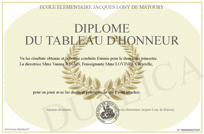 Diplome Du Tableau D Honneur