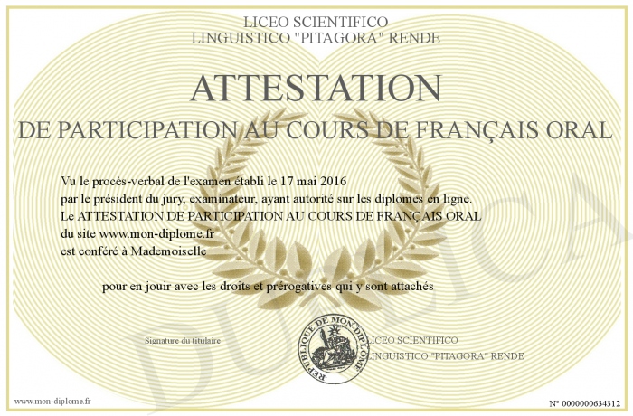 Attestation De Participation Au Cours De FranÇais Oral