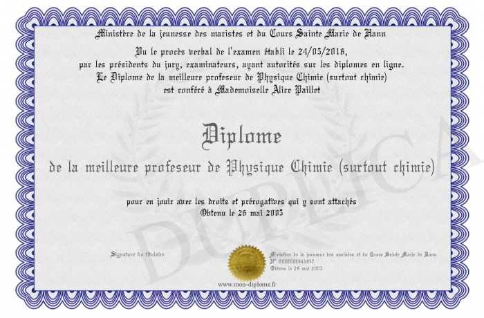 Diplome de la meilleure profeseur de Physique Chimie (surtout chimie)