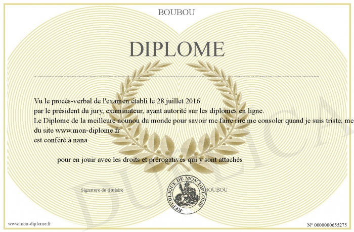 Diplome De La Meilleure Nounou Du Monde Pour Savoir Me Faire Rire Me Consoler Quand Je Suis Triste Me Faire Des Calins Tous Les Jours Me Faire Chanter En Italien Me Gronder Quand Je Ne Suis Pas Sage Me Donner Des Kinder Quand J Ai Ete Sage M