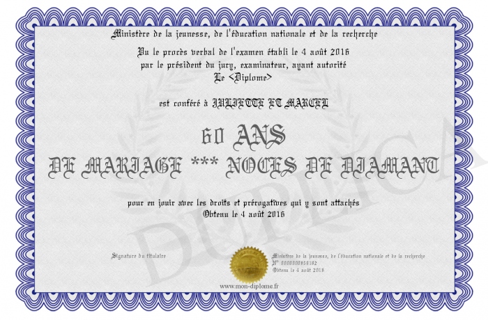 diplome 60 ans de mariage