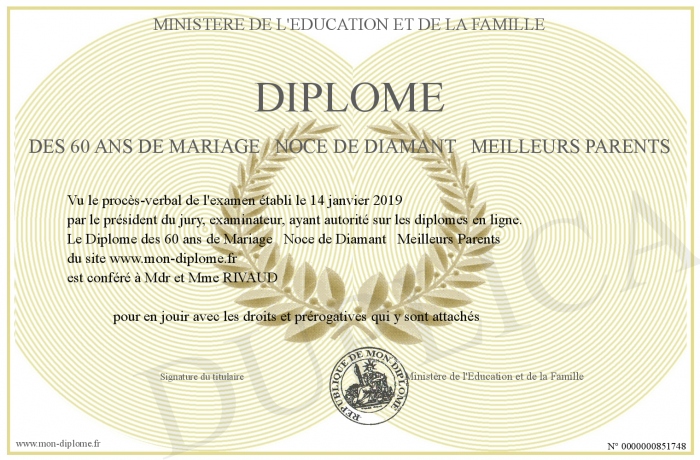 Diplome Des 60 Ans De Mariage Noce De Diamant Meilleurs Parents