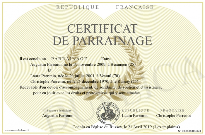 Certificat De Parrainage Civil Vierge à Imprimer