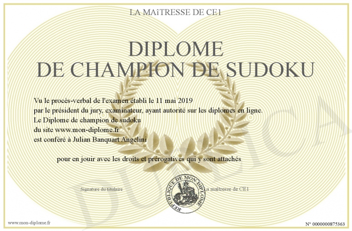 Diplome de champion de sudoku