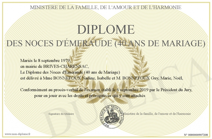 Diplome Des Noces D Emeraude 40 Ans De Mariage