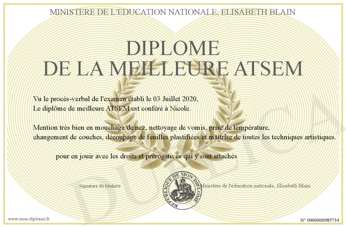 Diplome De La Meilleure Atsem à Imprimer