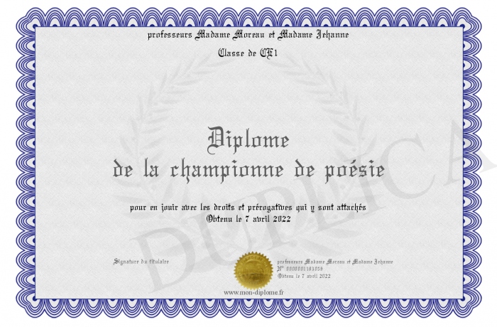Diplome De La Championne De Poesie Diplome De La Championne De Poesie