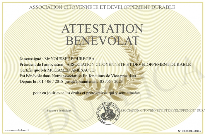 ATTESTATION BENEVOLAT