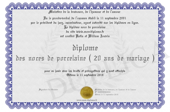 diplome des noces de porcelaine ( 20 ans de mariage )