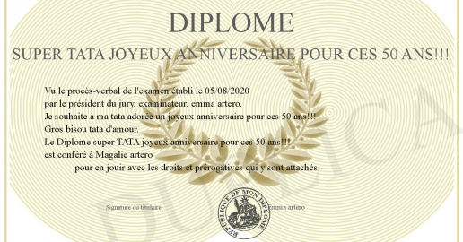 Diplome super TATA joyeux anniversaire pour ces 50 ans!!!