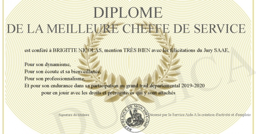 Diplome de la meilleure Cheffe de Service