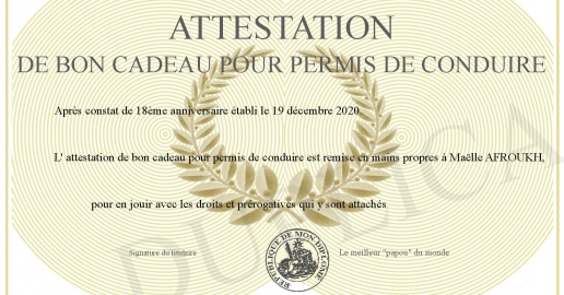 attestation de bon cadeau pour permis de conduire
