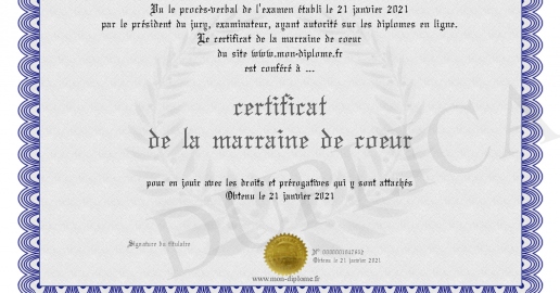certificat de la marraine de coeur