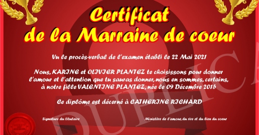 Certificat de la Marraine de coeur