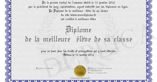 Diplome de la meilleure eleve de sa classe