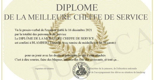 Diplome de la Meilleure Cheffe de Service