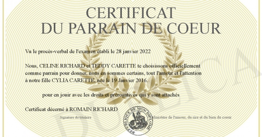 Certificat du parrain de coeur