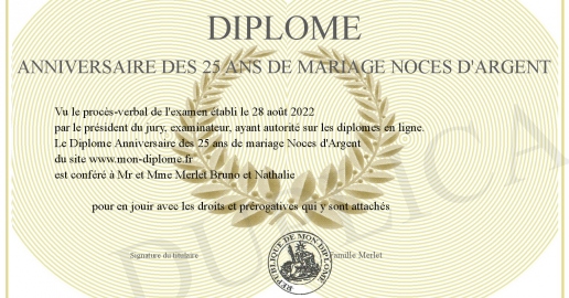 Diplome Anniversaire des 25 ans de mariage Noces d Argent