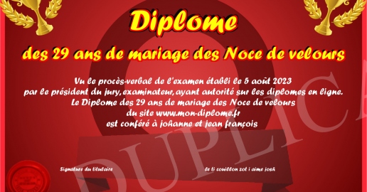 Diplome des 29 ans de mariage des Noce de velours