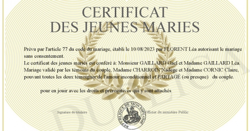 Certificat des jeunes maries