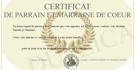 Certificat de parrain et marraine de coeur