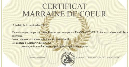 Certificat marraine de coeur