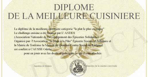 Diplome de la meilleure cuisiniere