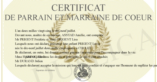 Certificat de parrain et marraine de coeur