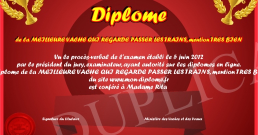Diplome de la MEILLEURE VACHE QUI REGARDE PASSER LES TRAINS mention