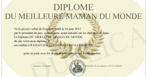Diplome DU MEILLEURE MAMAN DU MONDE