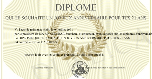 DIPLOME QUI TE SOUHAITE UN JOYEUX ANNIVERSAIRE POUR TES 21 ANS