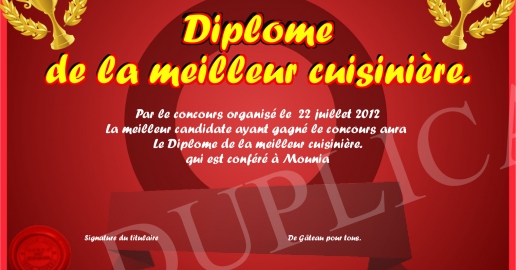 Diplome de la meilleur cuisiniere.