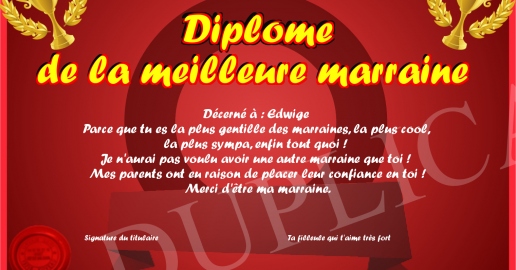 Diplome de la meilleure marraine