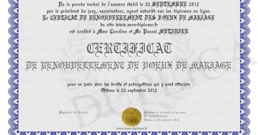 CERTIFICAT DE RENOUVELLEMENT DE VOEUX DE MARIAGE