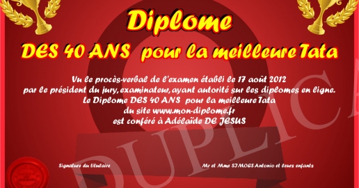 Diplome DES 40 ANS pour la meilleure Tata