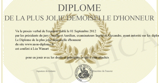 Diplome de la plus jolie demoiselle d honneur