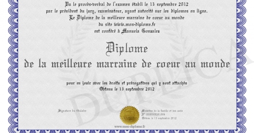 Diplome de la meilleure marraine de coeur au monde